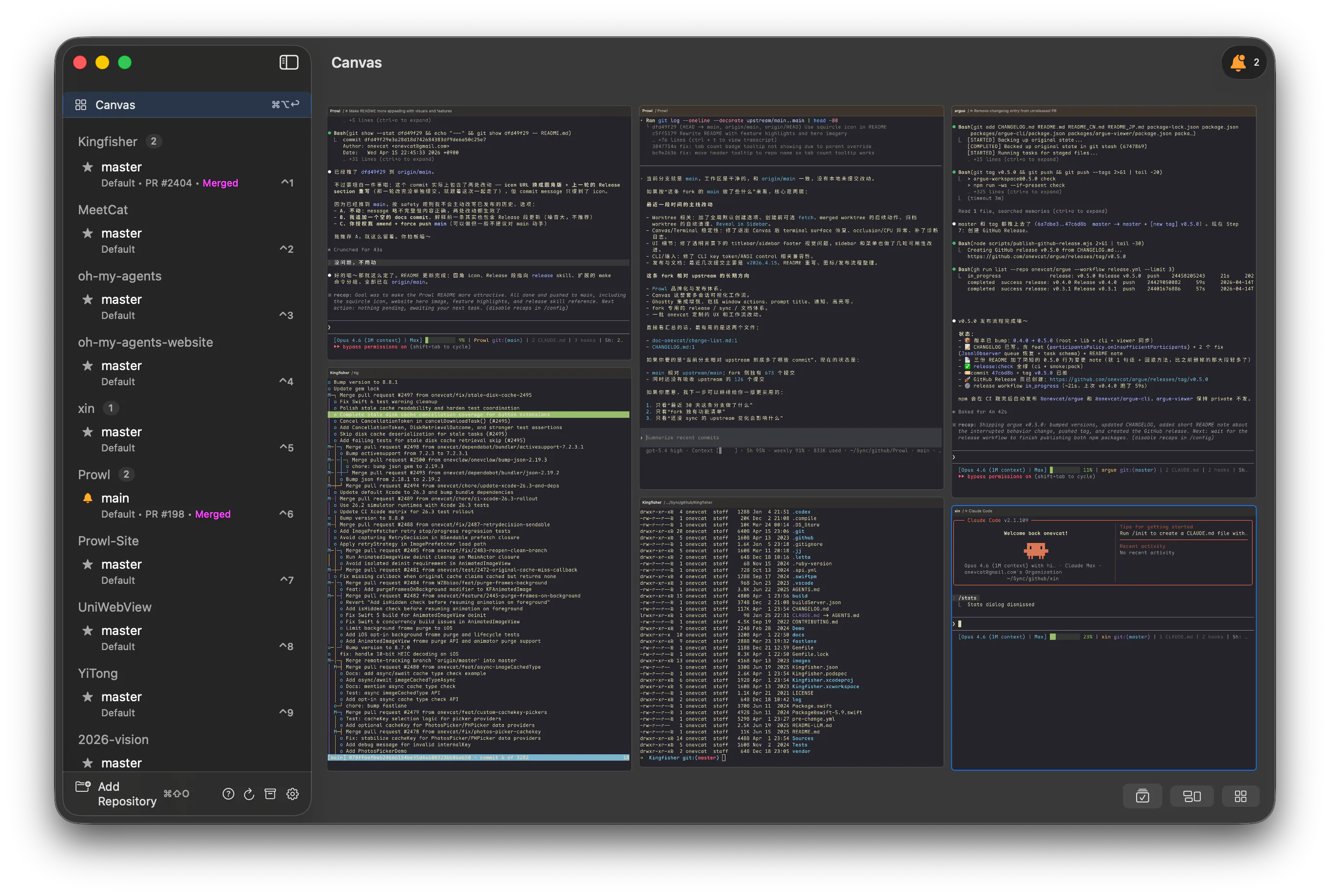 Canvas view of multiple live agent terminals