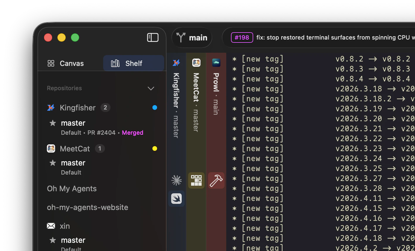 Shelf view with vertical worktree spines and tabs