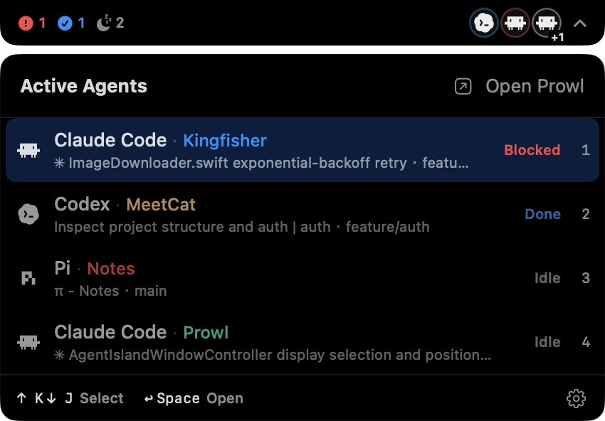 Agent Island expanded roster listing four agents with their state and 1–4 shortcuts