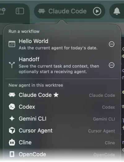 The toolbar Agents menu: a Run a workflow section, then launch rows for Claude Code, Codex, Gemini CLI, Cursor Agent and Cline