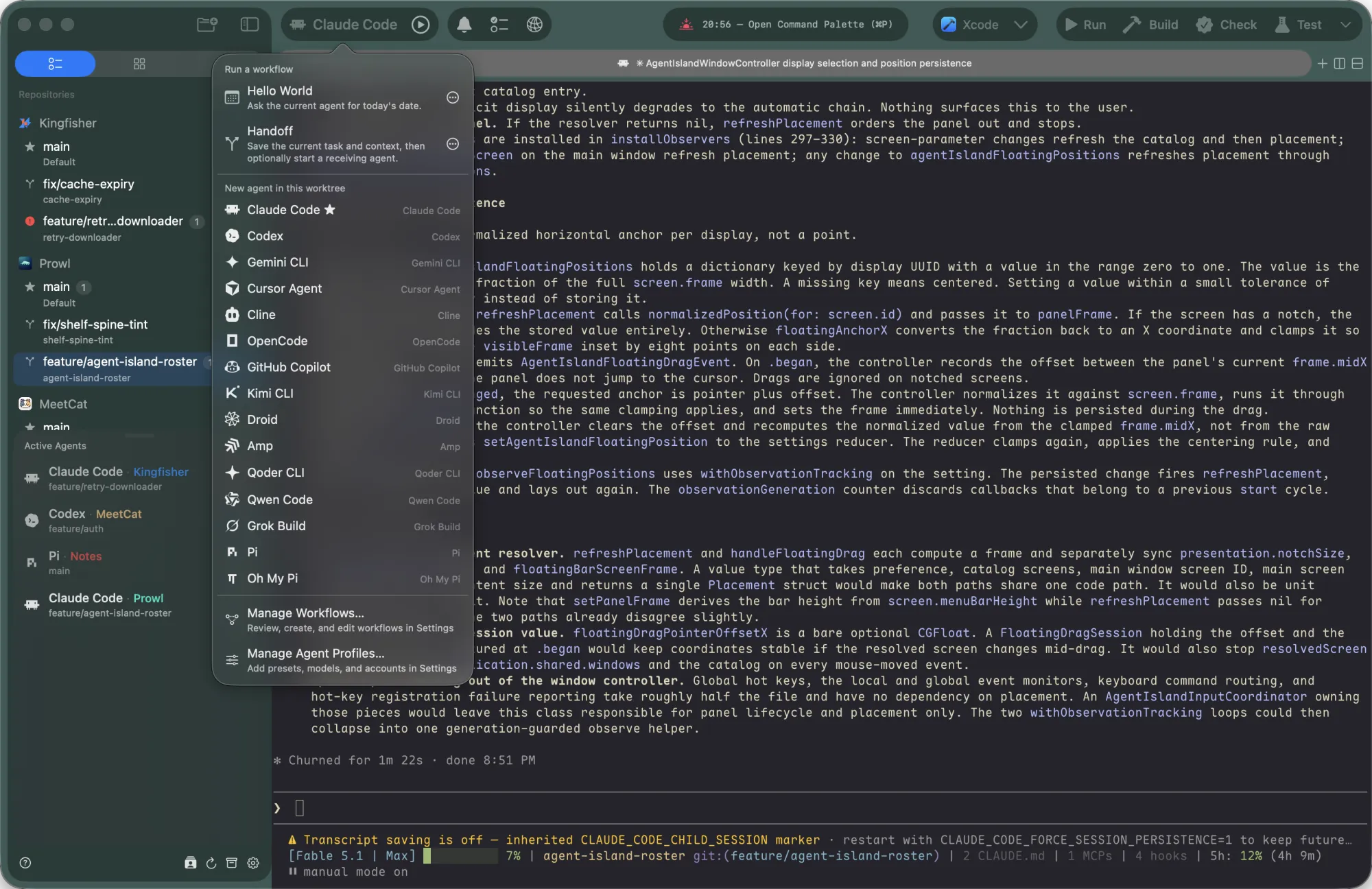 The toolbar Agents menu open: a Run a workflow section with Hello World and Handoff, then one launch row per Agent Profile for fifteen runtimes