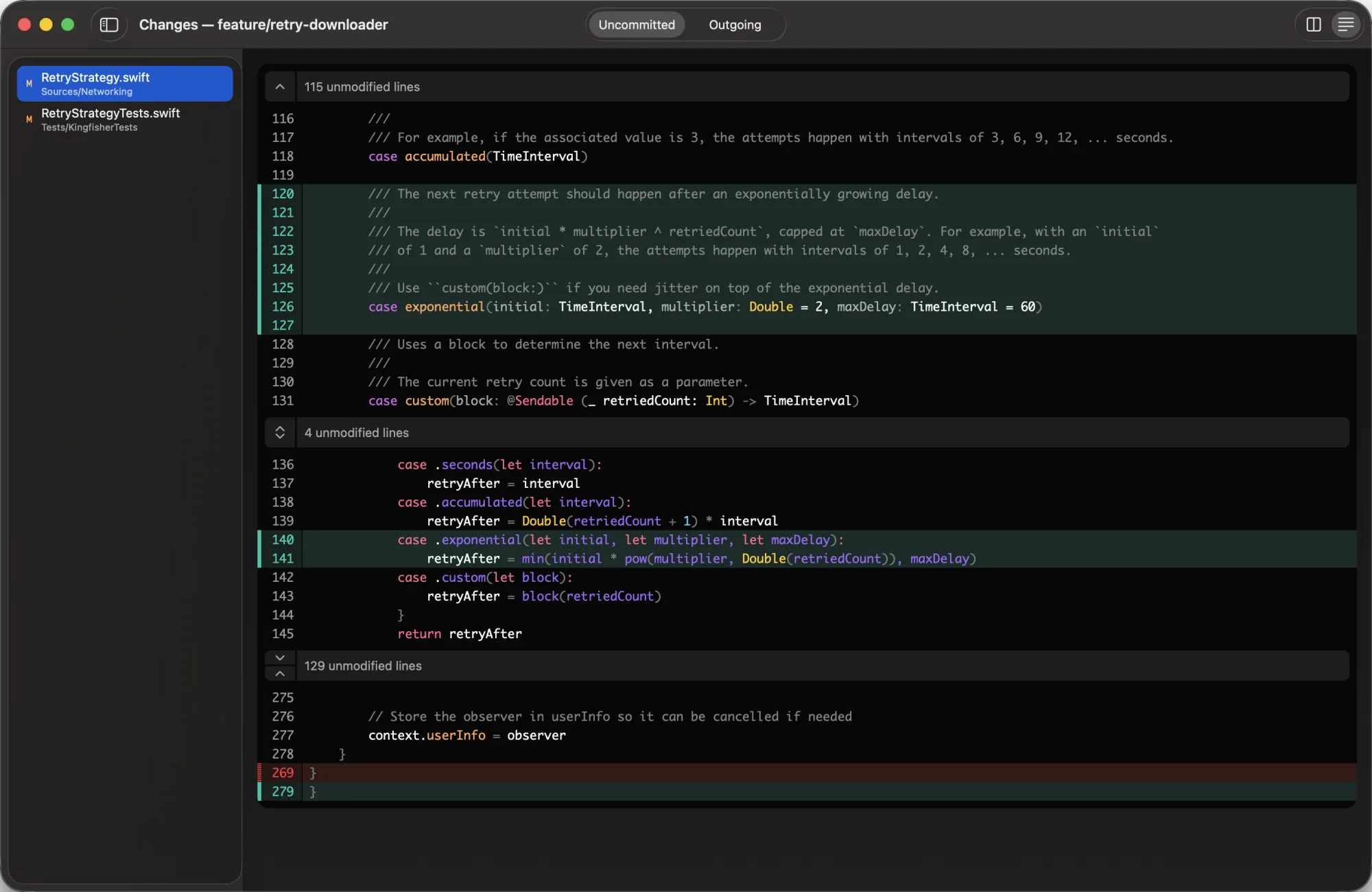 The Diff window for feature/retry-downloader: a file list with two modified files and a side-by-side diff of RetryStrategy.swift