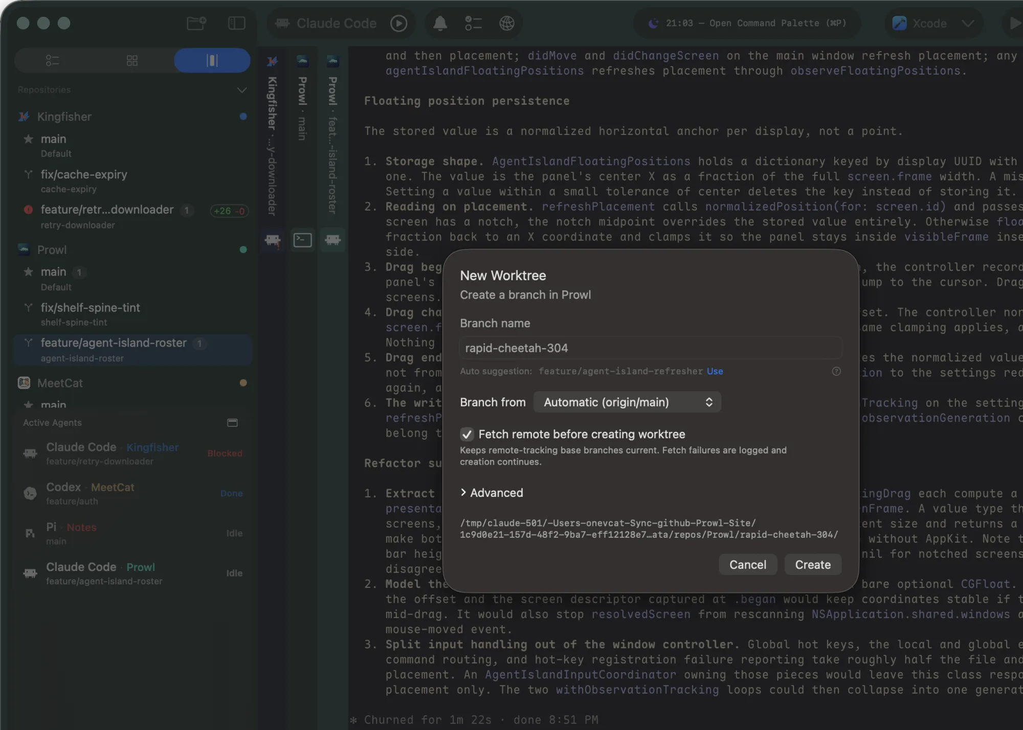 The New Worktree sheet with an on-device branch name suggestion, over a Claude Code session; the sidebar row shows a +26 line-change badge