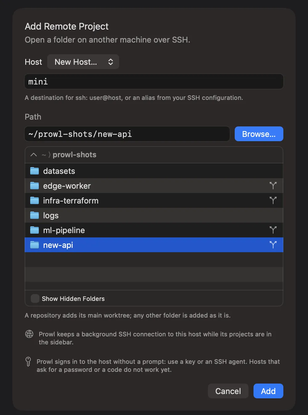The Add Remote Project sheet: host mini, and a folder browser on the host with branch marks on the Git repositories