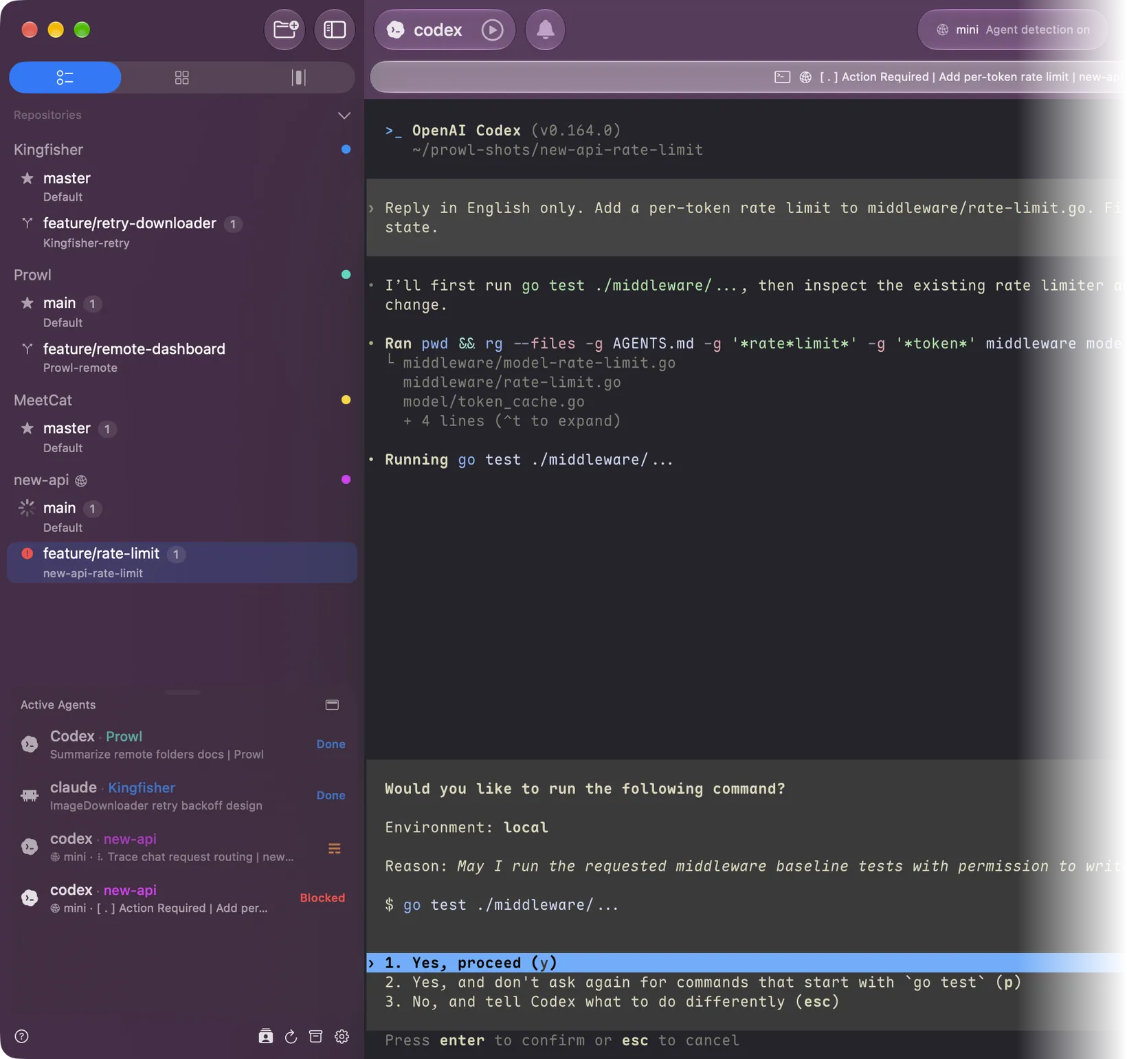 Prowl with a remote project named new-api on the host mini: a Codex agent on the host waits at a command approval prompt, and Active Agents lists two local agents that are done next to two remote agents labelled mini, one working and one blocked