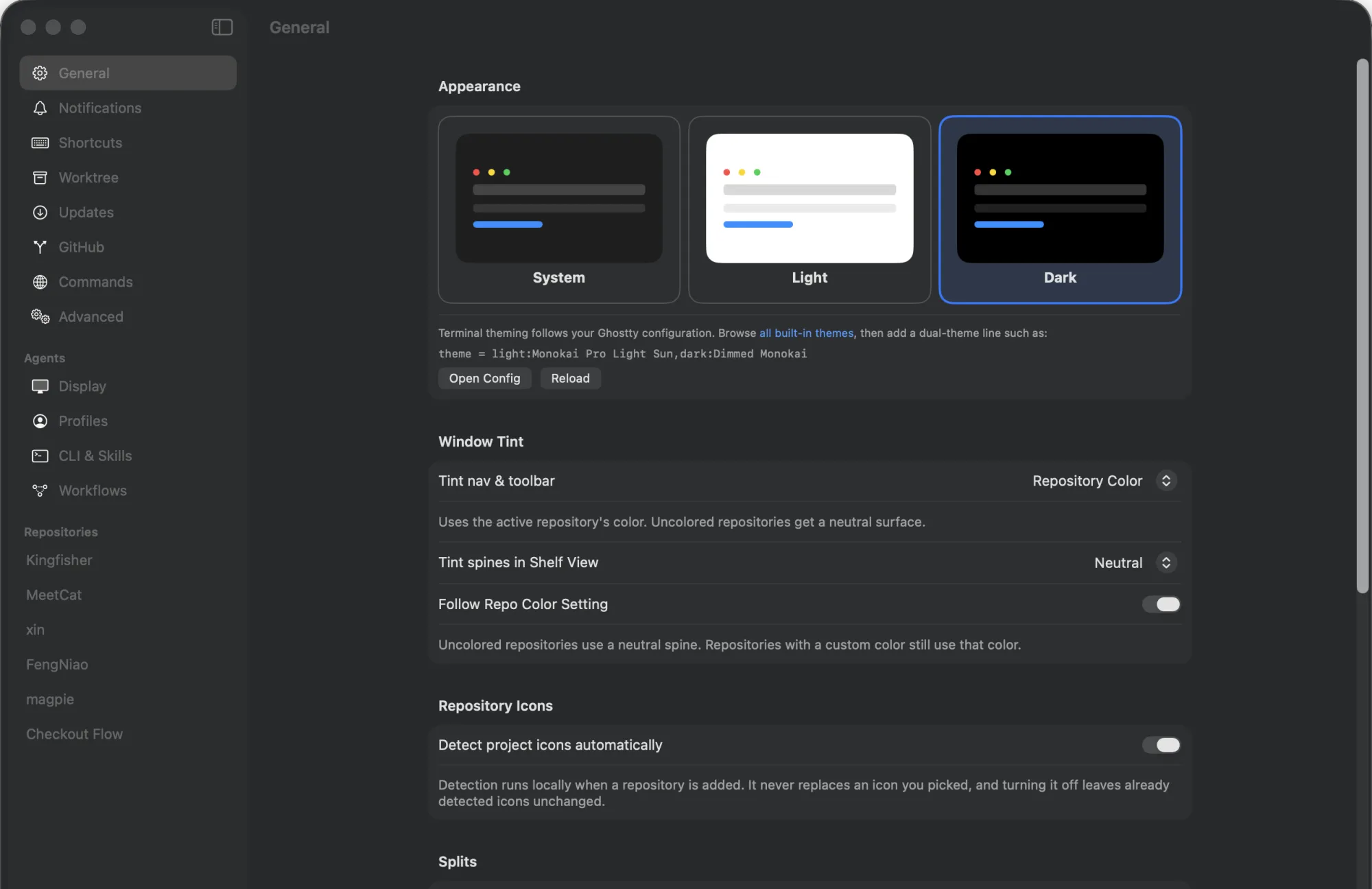 Settings window with General, Notifications, Shortcuts, Worktree, Updates, GitHub, Commands, Advanced, and the Agents section: Display, Profiles, CLI & Skills, Workflows